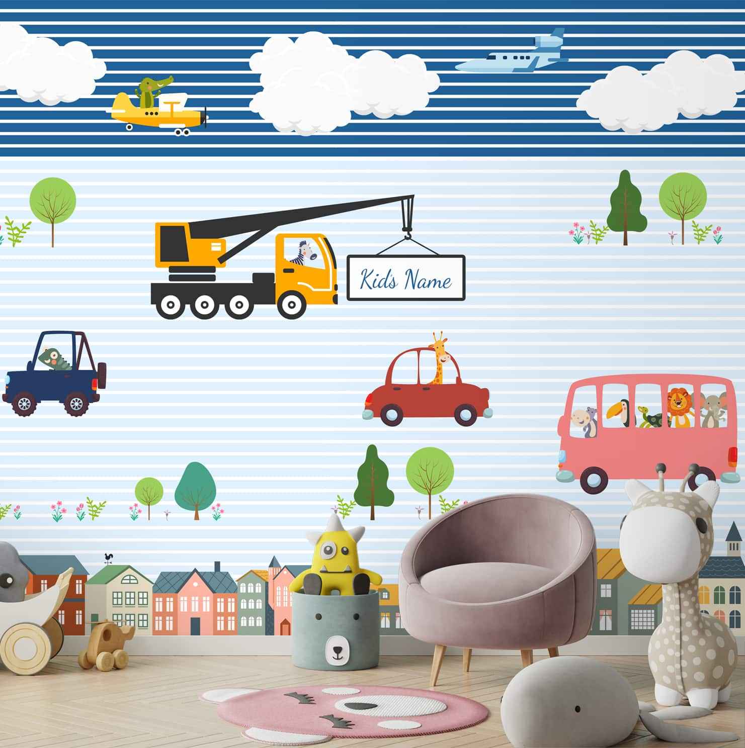 Animals Driving cars and planes Personalise Theme for Kids Room