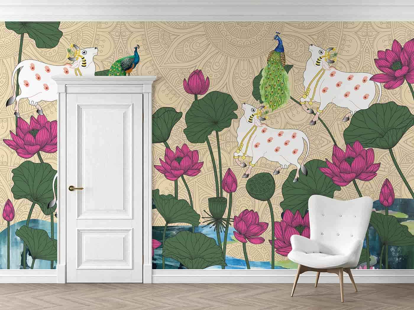 Cow & Lotus with mandala background-beige