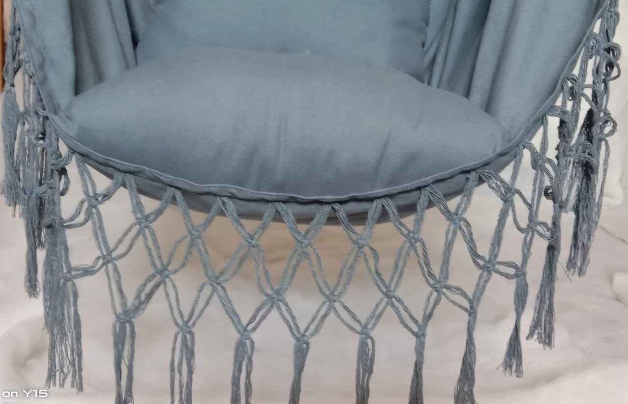 Hangit Macrame Swing chair with deco fringes and cushions - Blue