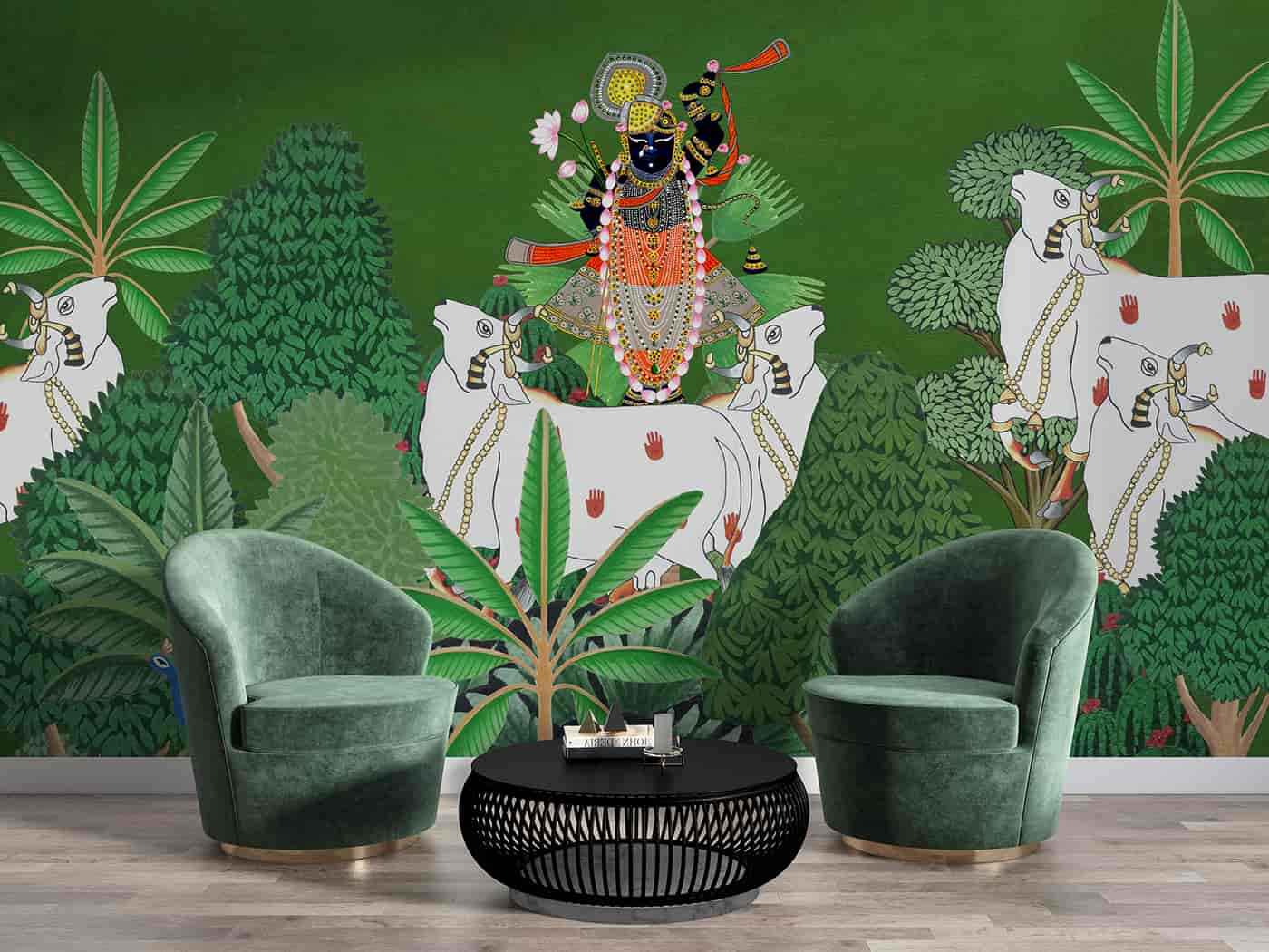 Shrinathji surrounded with Cows and Trees 