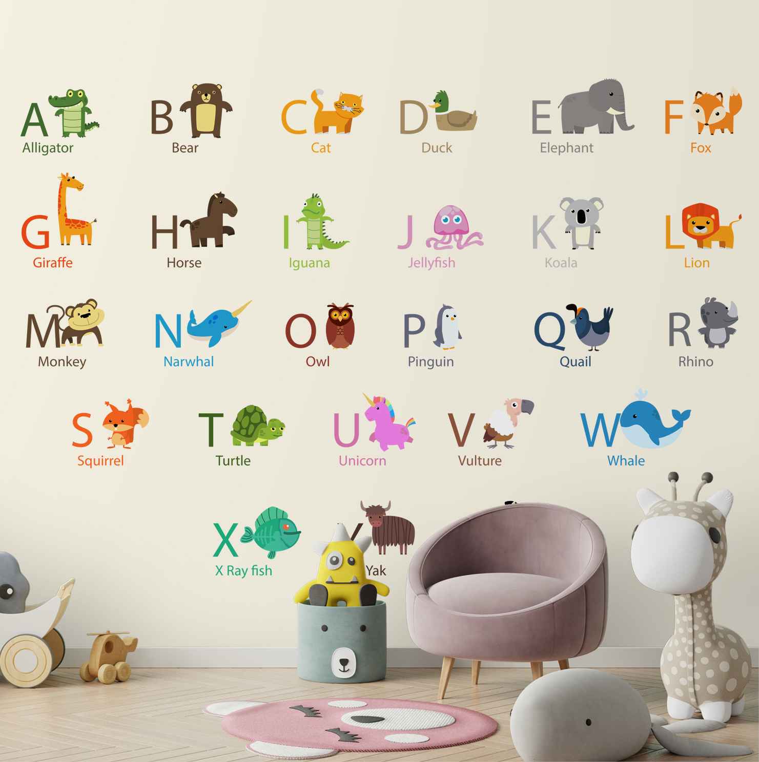 Alphabets with Animals Wallpaper Design for Kids Room