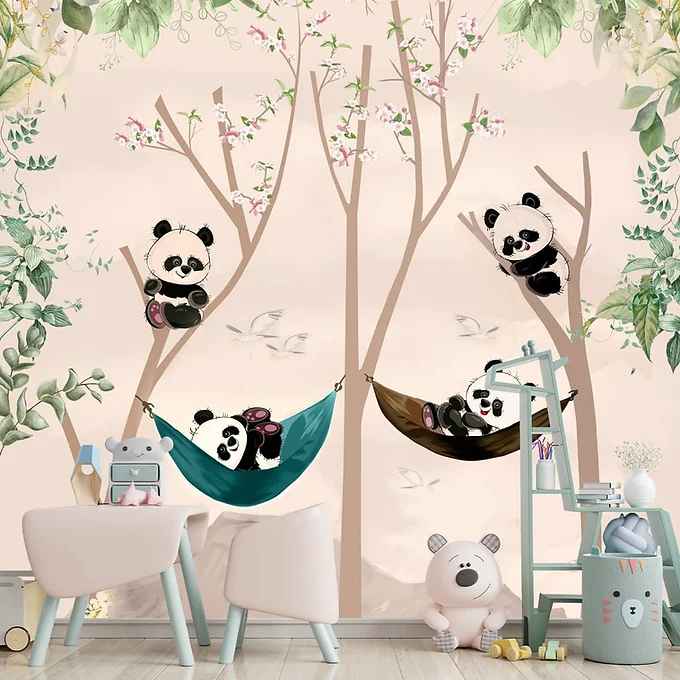 Cute Panda on Hammock Wallpaper for Kids Room Wall