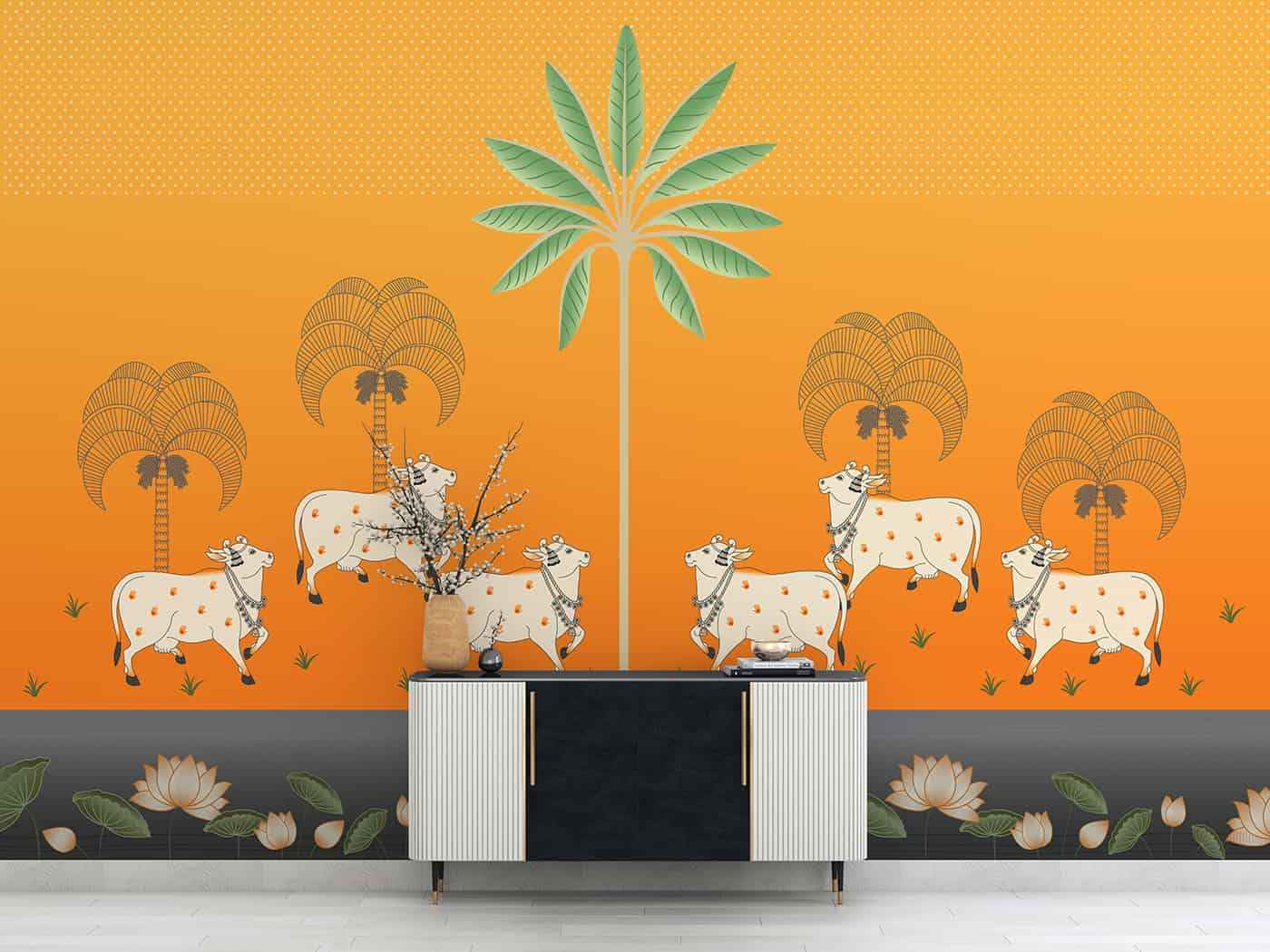 Pichwai-Cows and Lotus in orange background