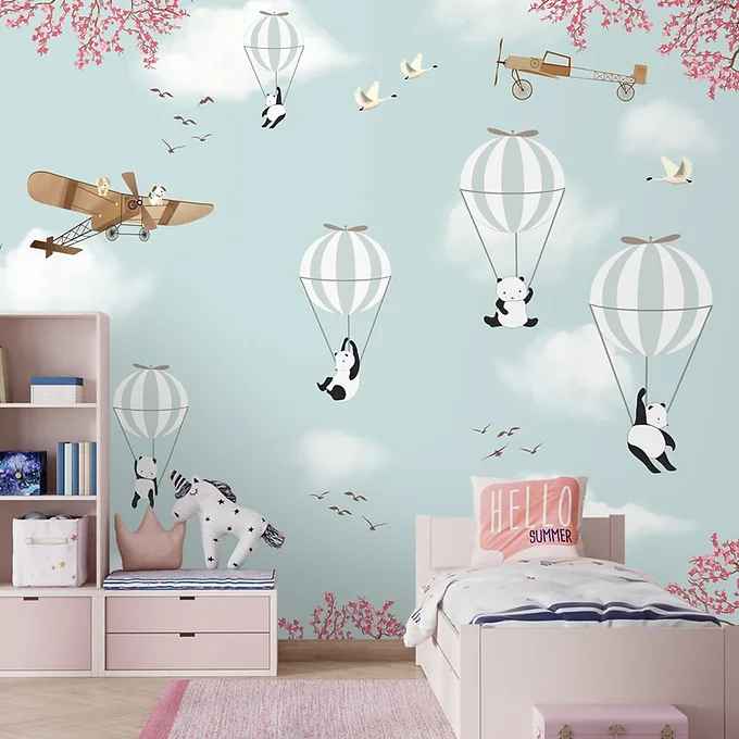 Flying Panda and Hot Air Balloons Kids Rooms Wallpaper