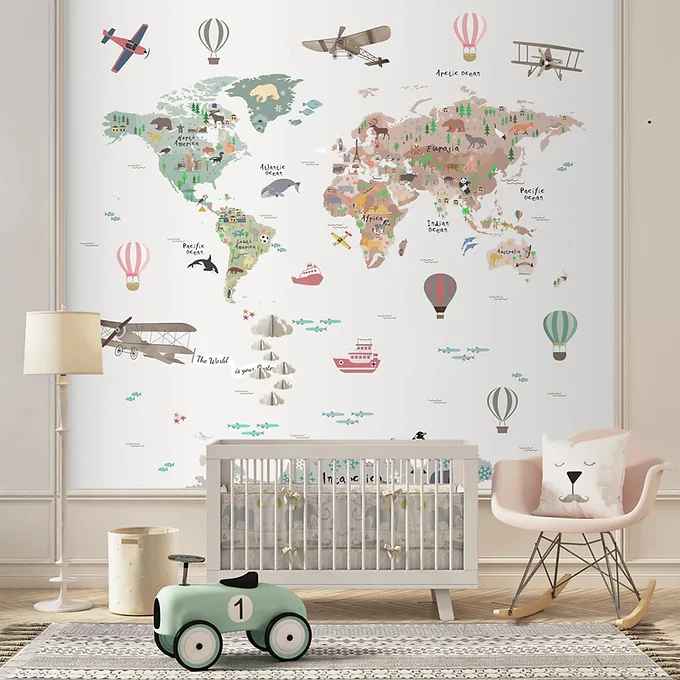 Pastel World Map Wallpaper with Balloons for Kids Room