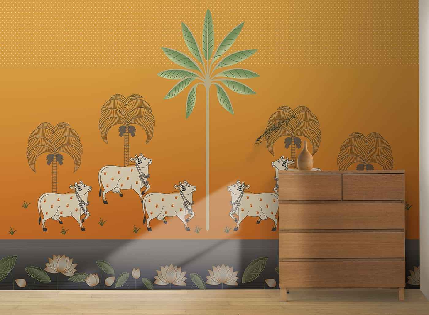 Pichwai-Cows and Lotus in orange background