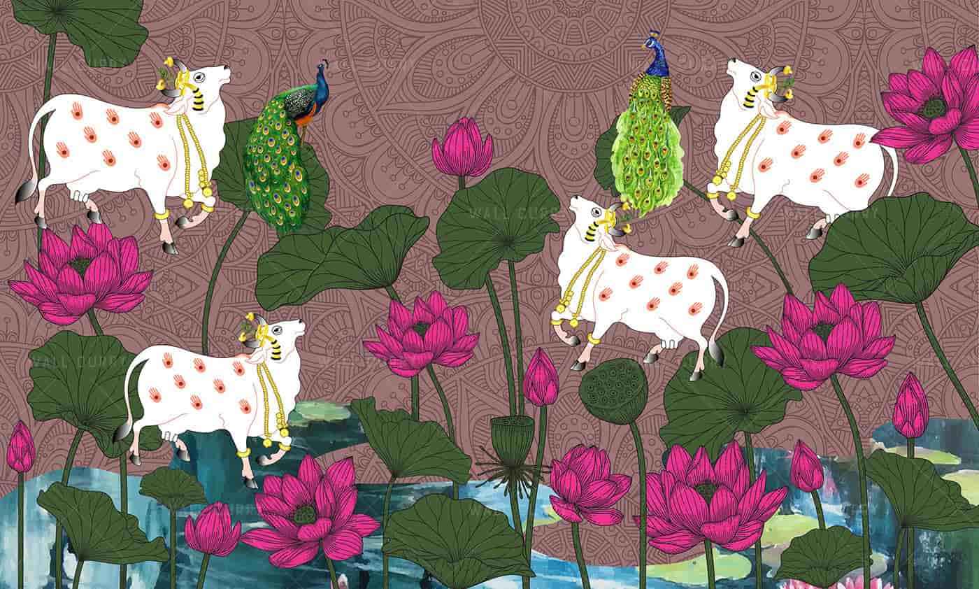 Cow & Lotus with mandala background-maroon