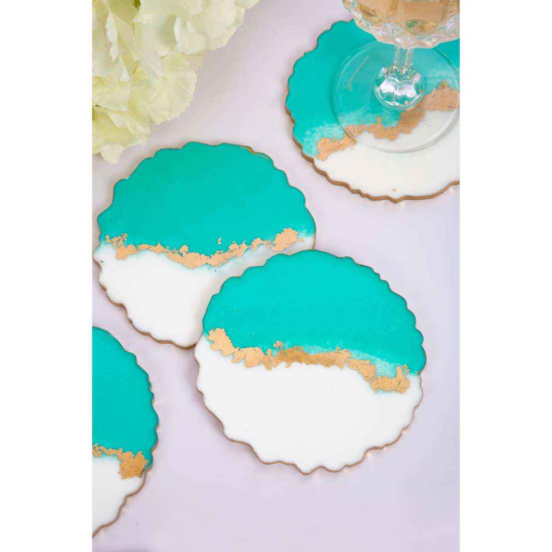 Aquamarine Aesthetic Resin Art Round Coasters