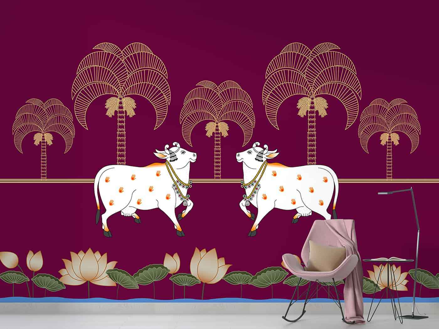 Modern Pichwai-Cows Lotus and Graphical Trees