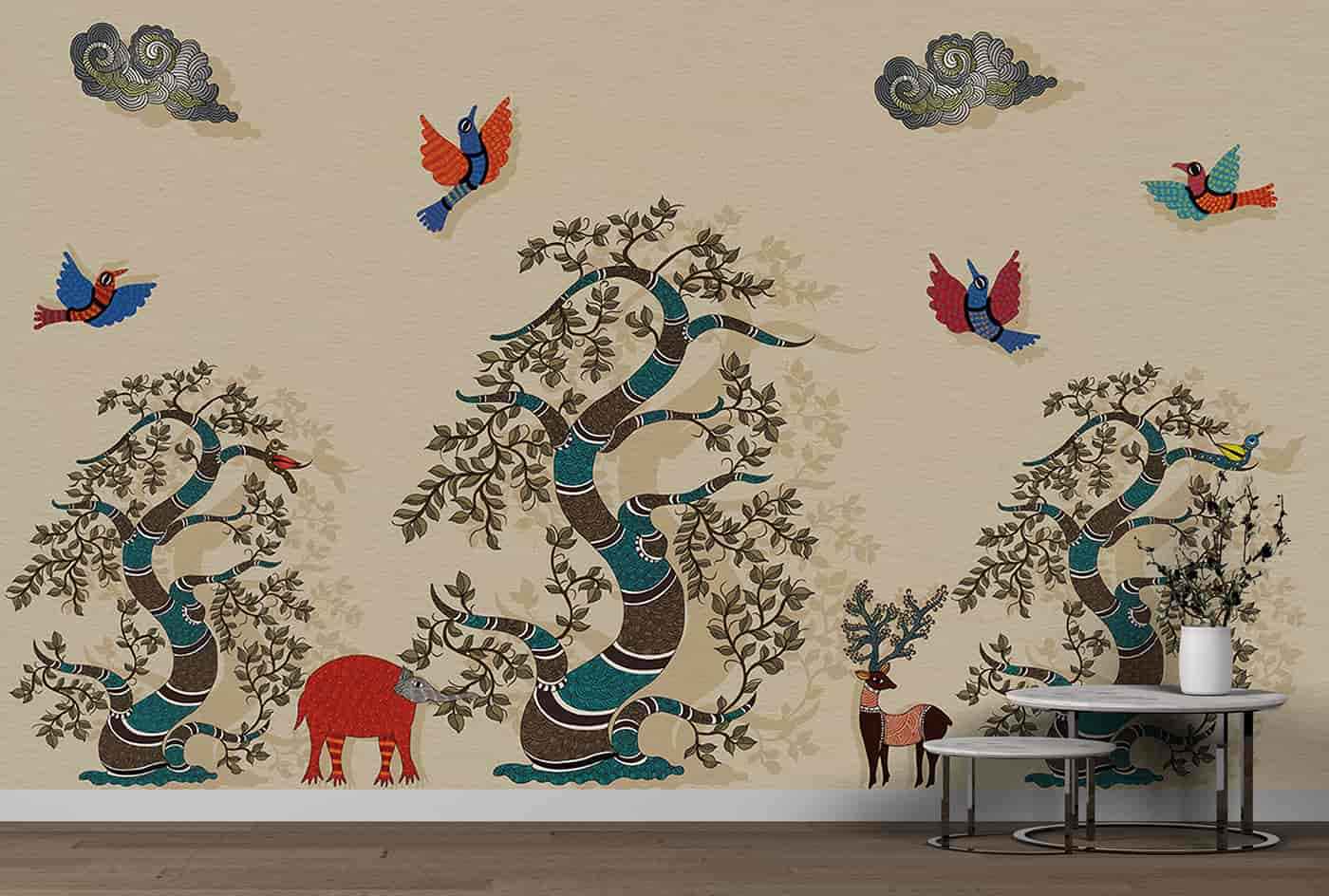 Gond Art-Birds, Elephants, Deer and Trees 