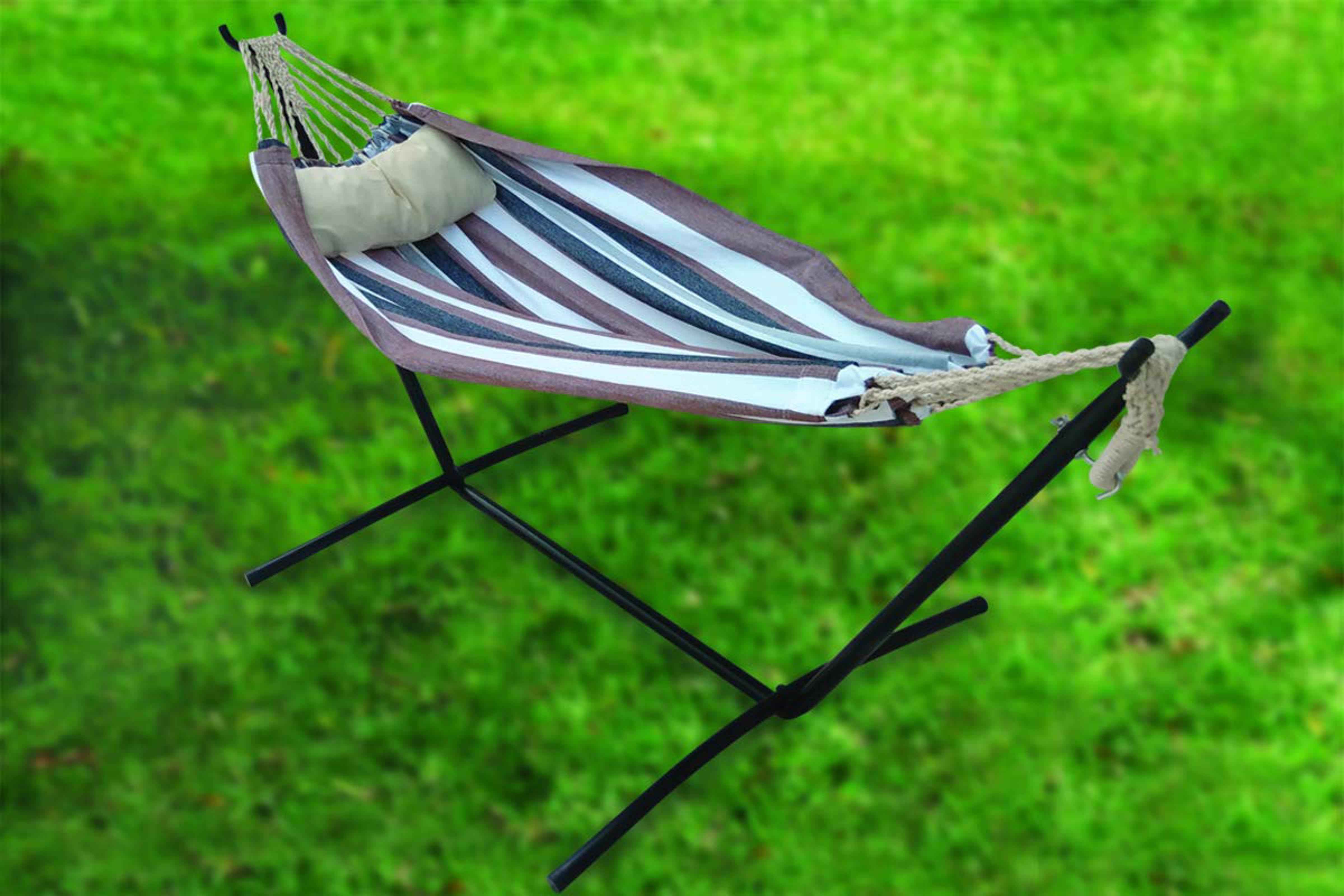 Double Canvas Hammock with 9ft Steel Hammock Stand - Desert Brown