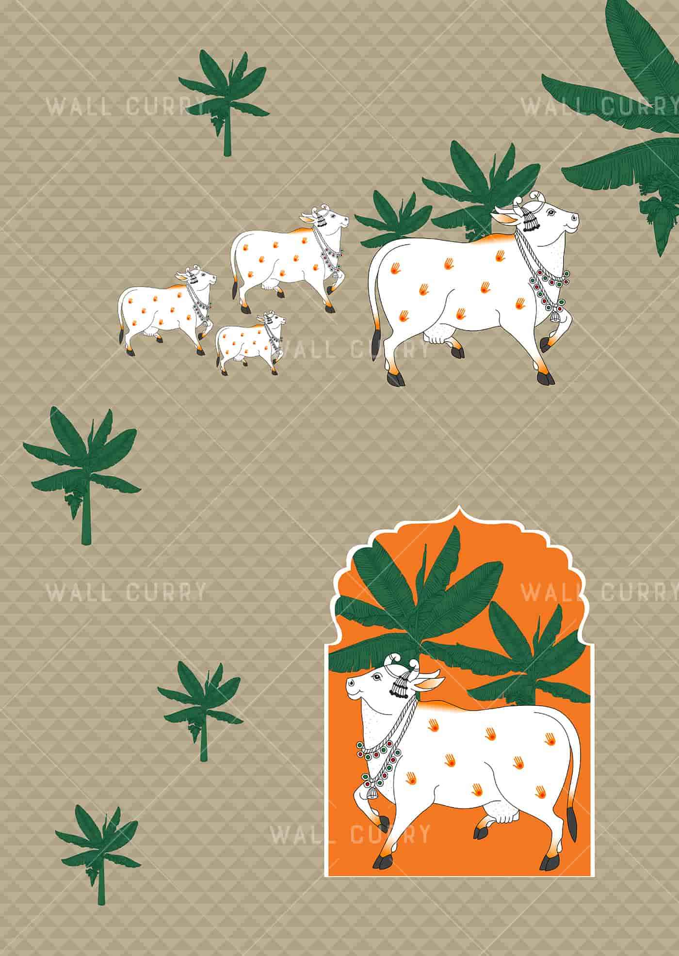 Cow & Lotus with mandala background-beige