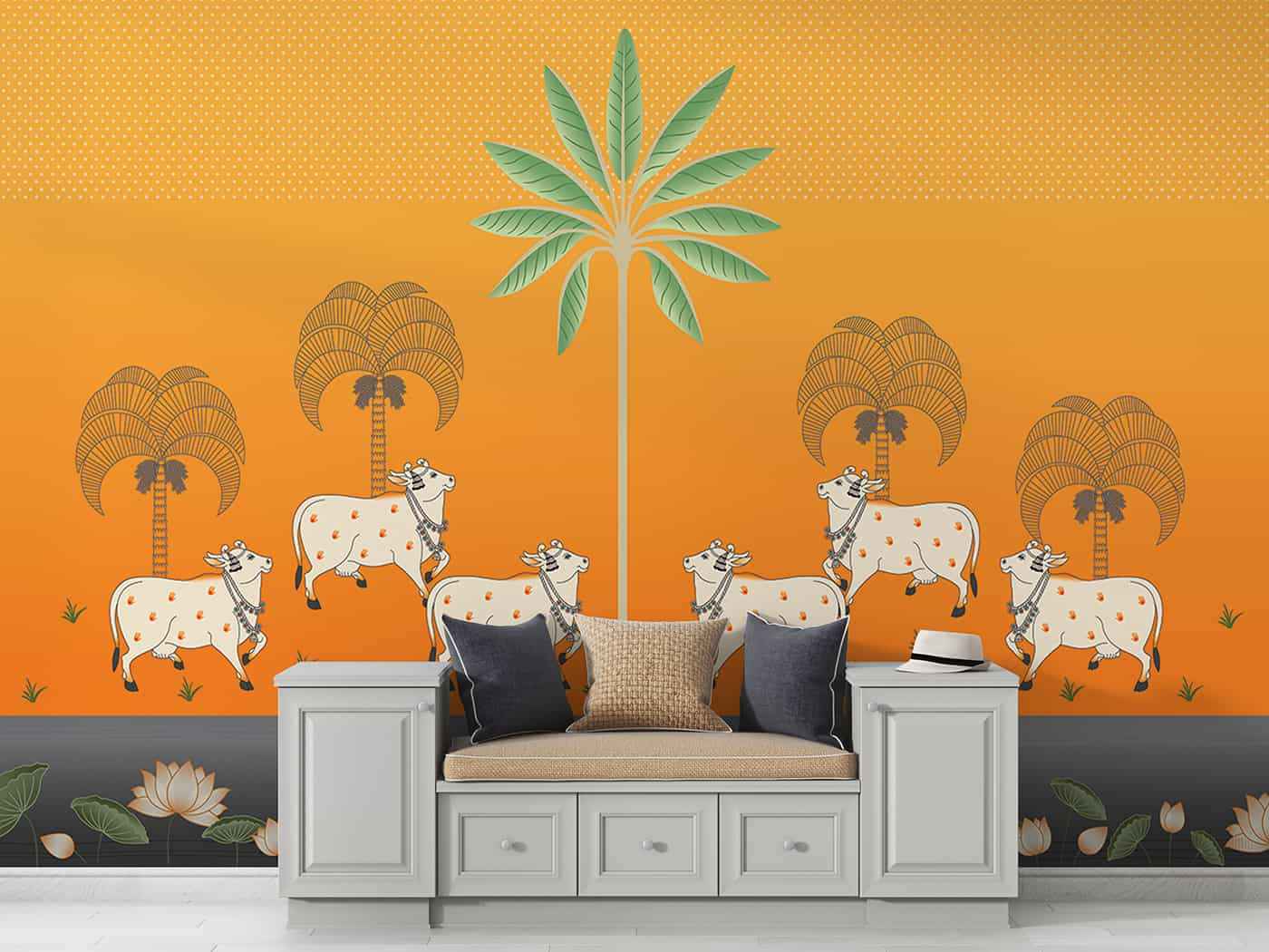 Pichwai-Cows and Lotus in orange background