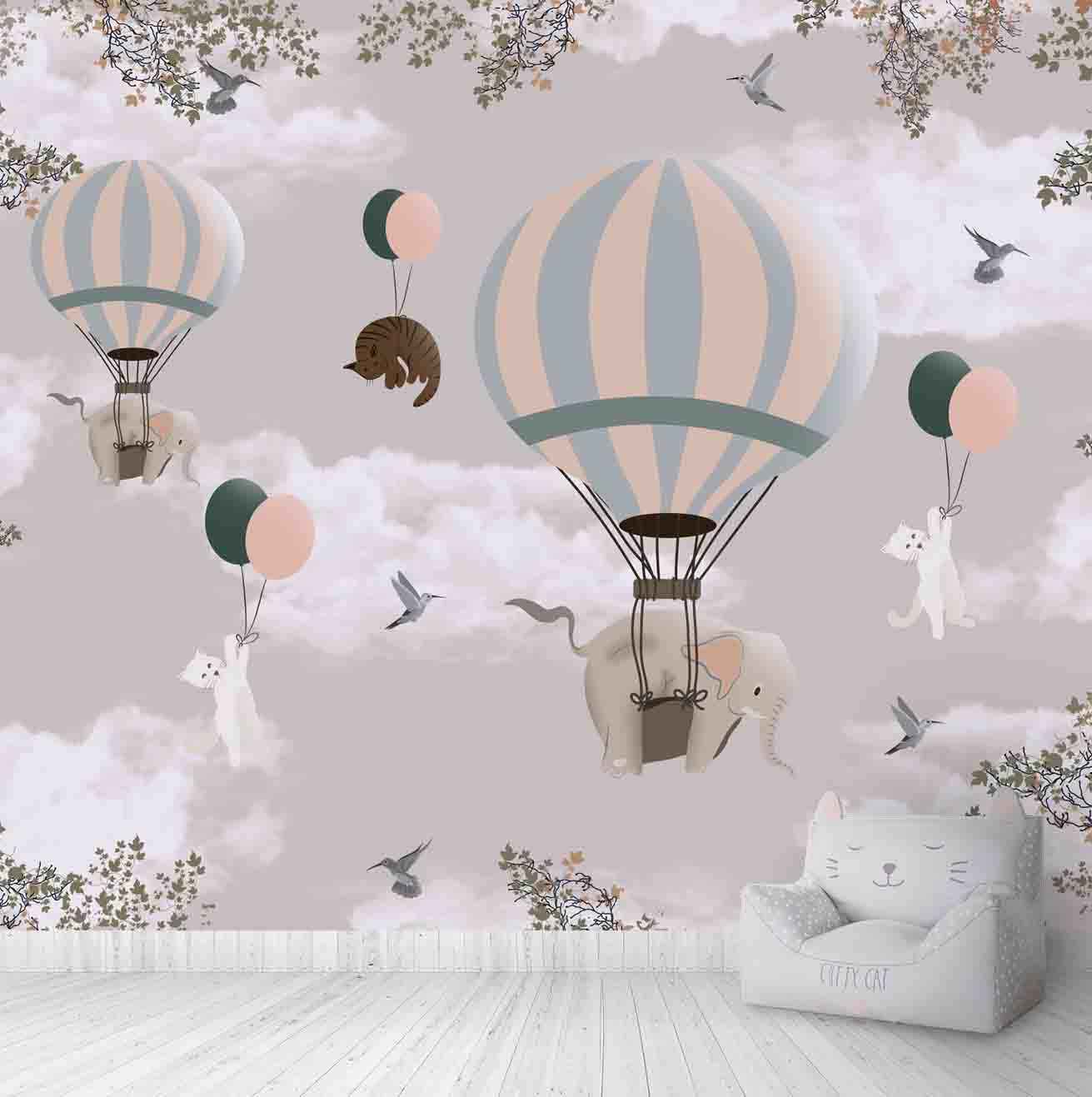 Elephants and Plane Theme Wallpaper for Kids Room