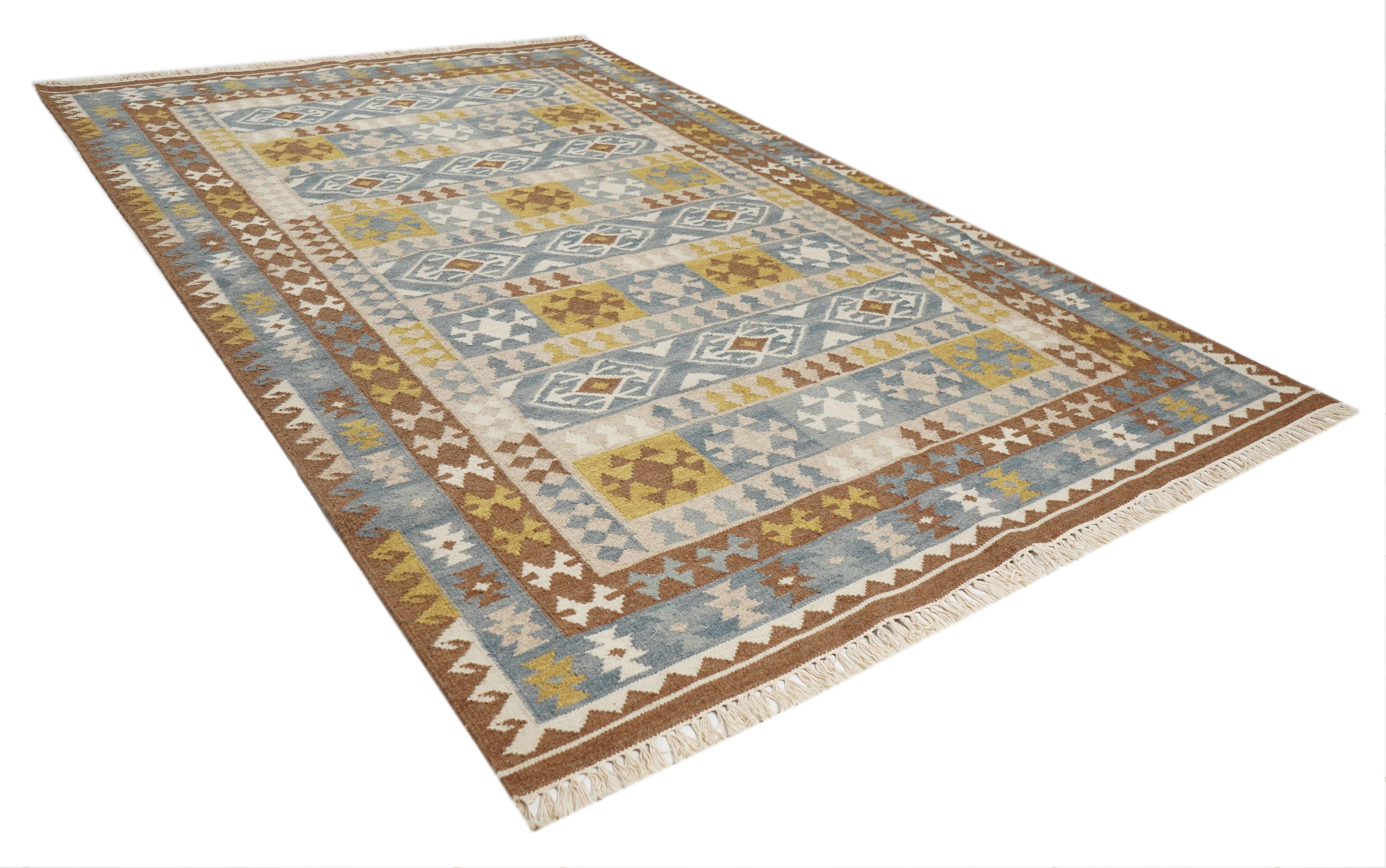 GREY YELLOW DIAMOND BROWN BORDER RUG