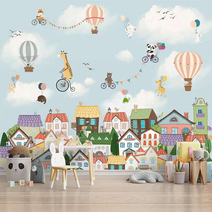 Flying Animals on Hot Air Balloons Wallpaper Design for Kids