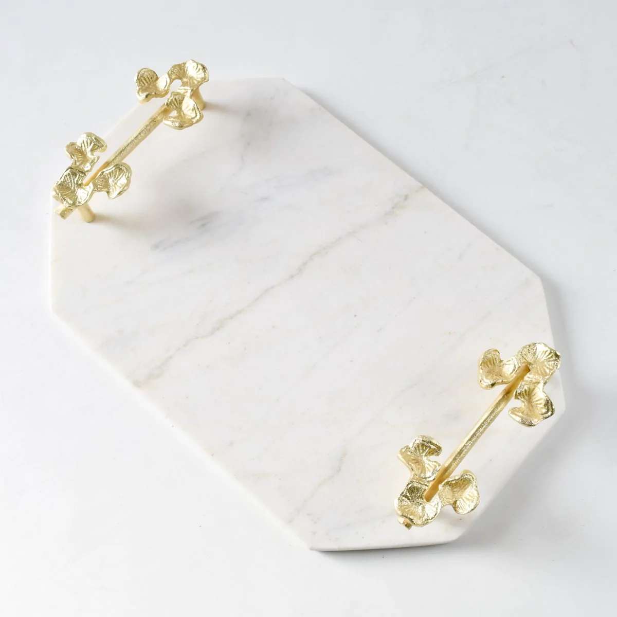 Kennesha Marble Tray with Golden Orchid Flower Handles