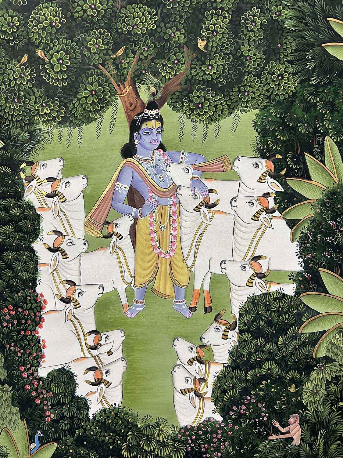 Handmade Krishna in Jungle with Cows Painting