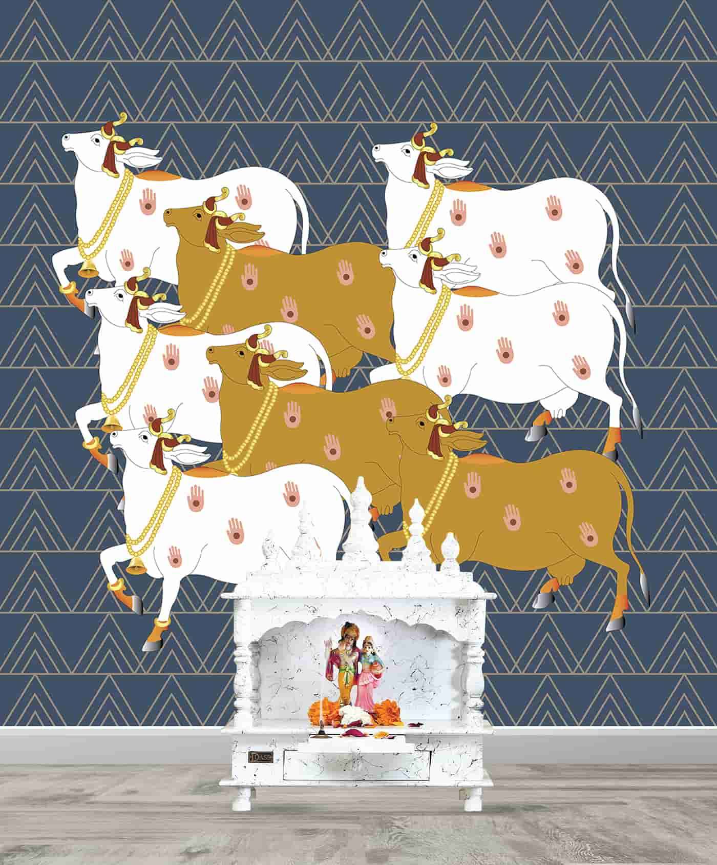 Shrinathji surrounded with Cows and Trees 