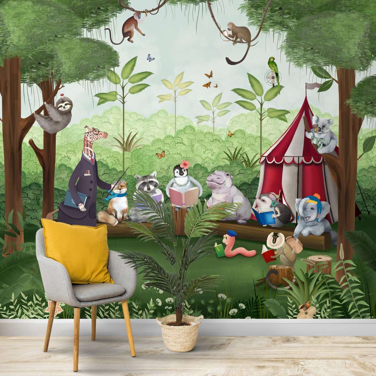 Solid yellow, Grey and Green Mountains theme for Kids room