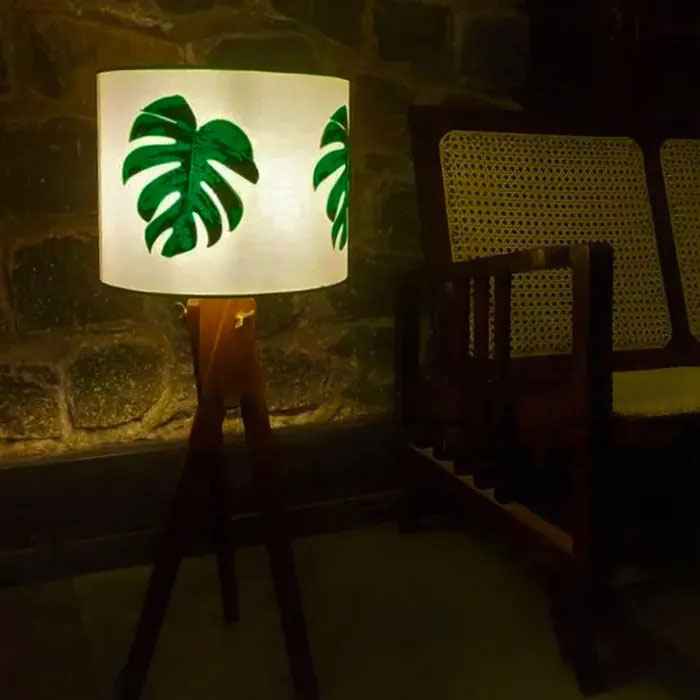 Green Leaf Wood Tripod Floor Lamp