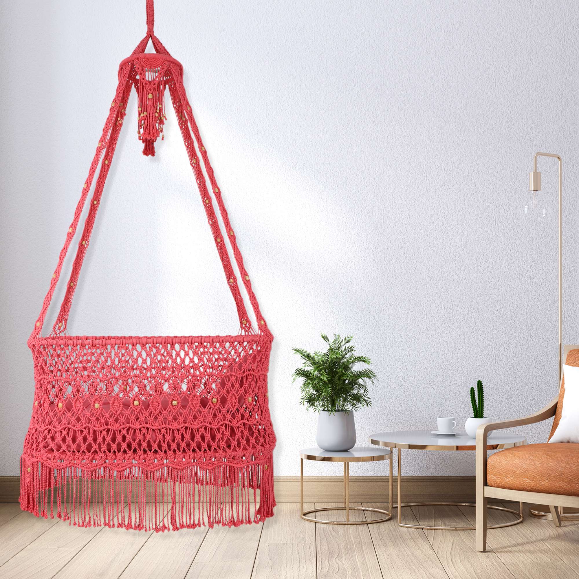 Kaahira Handwoven Knotted Foldable Hanging Pink Baby Cradle